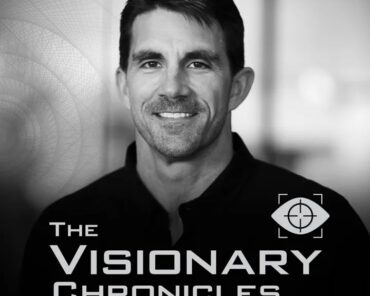 Sharp black-and-white portrait and branding reading 'The Visionary Chronicles' with an eye icon