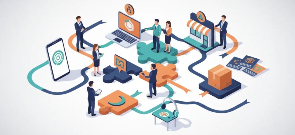 Business leader and team aligning brand touchpoints—devices, storefront, packaging, and support—connected by a colored ribbon symbolizing trust and consistency