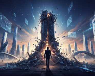 Silhouetted leader stepping off a cracked pedestal as stone and glass shards transform into futuristic architectural forms, symbolizing visionary business disruption