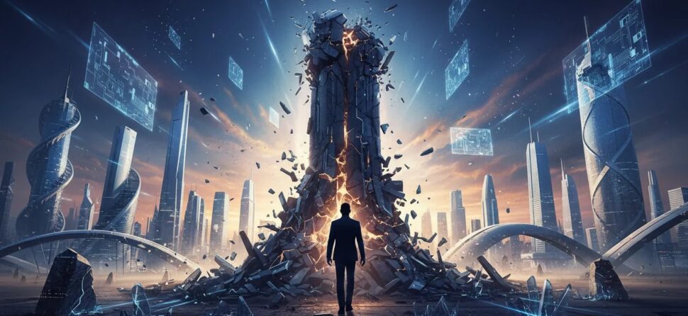 Silhouetted leader stepping off a cracked pedestal as stone and glass shards transform into futuristic architectural forms, symbolizing visionary business disruption